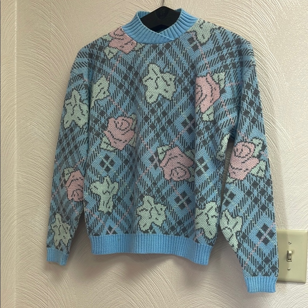 Floral Patterned Blue Sweater